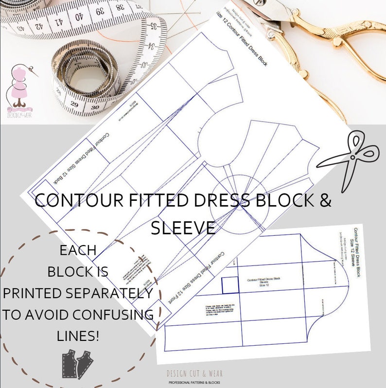 May include: A printable sewing pattern for a contour fitted dress and sleeve. The pattern is printed separately to avoid confusing lines. The pattern is for size 12.