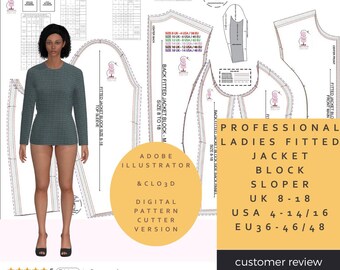 Ladies Fitted Jacket Block - Digital Pattern Cutters Version - Adobe illustrator & CLO3D Compatible UK, USA and EU Size Ranges