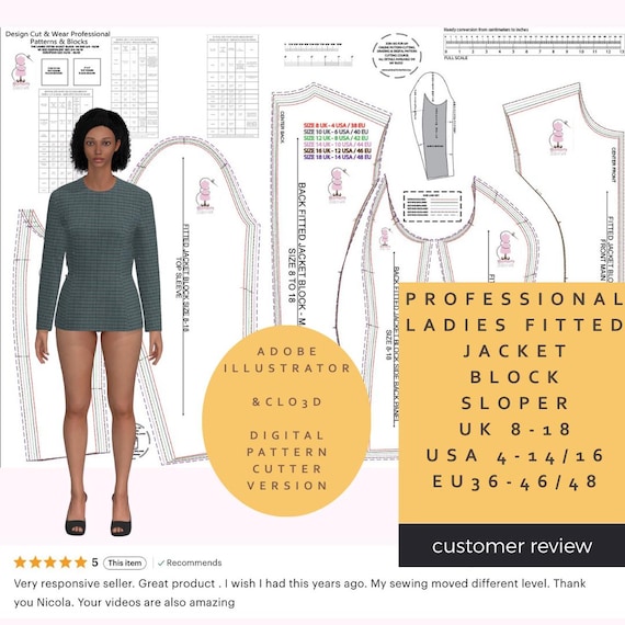 Ladies Fitted Jacket Block - Digital Pattern Cutters Version - Adobe illustrator & CLO3D Compatible UK, USA and EU Size Ranges