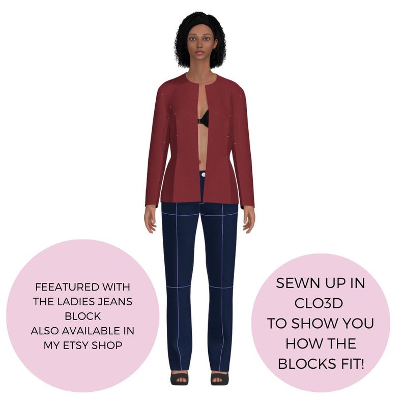 Peut inclure: Une repr&eacute;sentation num&eacute;rique d'une personne portant un blazer bordeaux, un soutien-gorge noir et un jean bleu fonc&eacute; avec des coutures blanches. Le texte sur l'image dit "FEEATURED WITH THE LADIES JEANS BLOCK ALSO AVAILABLE IN MY ETSY SHOP" et "SEWN UP IN CLO3D TO SHOW YOU HOW THE BLOCKS FIT!"