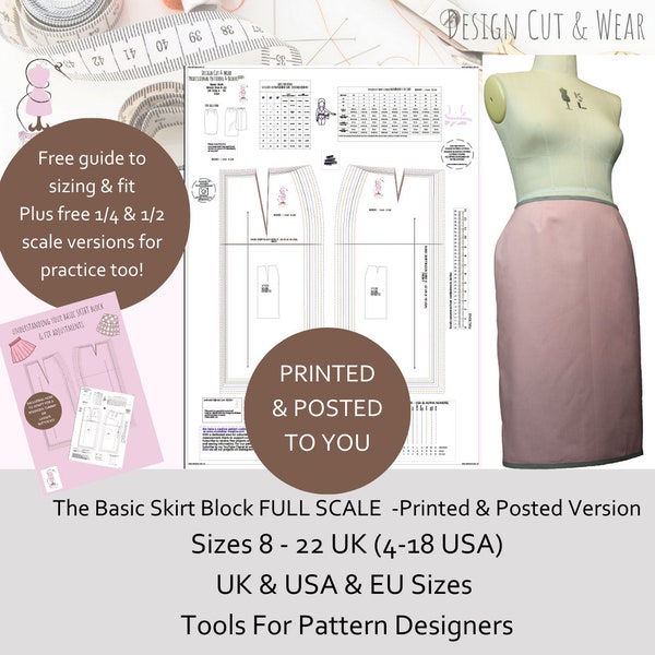 Basic Skirt Block- Detailed Measurement and Fit Guide- Pattern Cutting Sloper -UK 8 - 22 USA equivalent 4-18 - Printed & Posted Worldwide