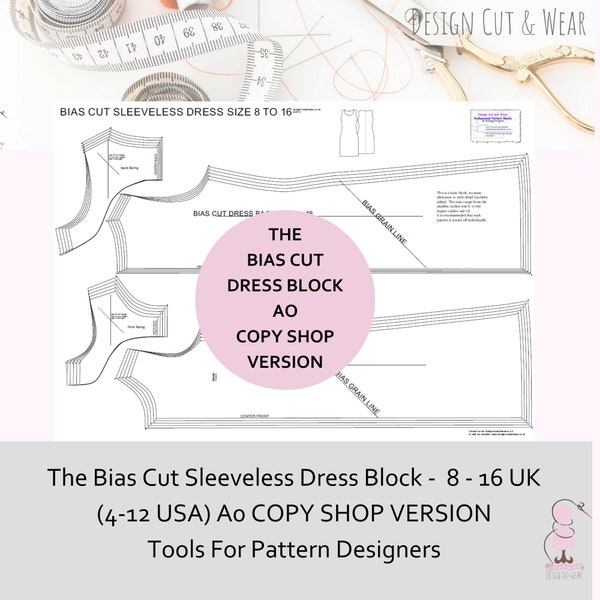 The Bias Cut Dress Block / Sloper -Ärmelloser Stil mit Versehen geliefert -A0 Copy Shop Version - UK Größe 8-16 USA 4-12 - Drucken Sie sich