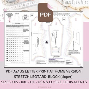 Peut inclure: Patron PDF imprimable pour un projet de couture de justaucorps extensible. Le patron comprend des tableaux de tailles du XXS au XXL en tailles UK, USA et UE. Le patron est intitulé "Design Cut & Wear".