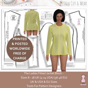 Ladies Fitted Jacket Block - With 2 Piece Fitted Sleeve - UK Size 8-18 US Size 4 to 16 - European Size 36-46  - Printed & Posted to You
