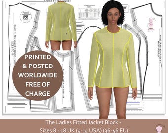 Ladies Fitted Jacket Block - With 2 Piece Fitted Sleeve - UK Size 8-18 US Size 4 to 16 - European Size 36-46  - Printed & Posted to You