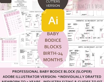BABY Bodice Block -Birth-24 Months -Height 56-92CM -22 1/16- 36 1/4”- Professional Detailed Size Charts Supplied - Adobe Illustrator Version