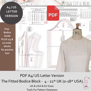 Basic Fitted Bodice Block UK sizes 4-22*/USA (0-18*) European sizes! A4 /Us Letter PDF Print at Home Version-Free 1/4 & 1/2 Scale and Guide!