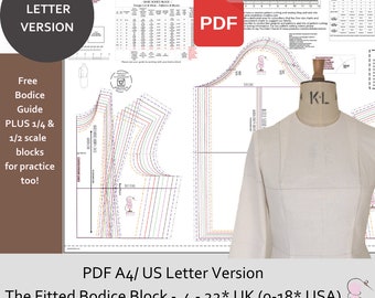Basic Fitted Bodice Block UK sizes 4-22*/USA (0-18*) European sizes! A4 /Us Letter PDF Print at Home Version-Free 1/4 & 1/2 Scale and Guide!