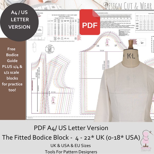 Basic ausgestatteter Mieder-Block UK Größen 4-22*/USA (0-18*) Europäische Größen! A4 / US Letter PDF-Druck zu Hause Version-Kostenlos 1/4 & 1/2 Maßstab und Anleitung!