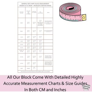 Peut inclure: Une image d'un ruban &agrave; mesurer rose et blanc &agrave; c&ocirc;t&eacute; d'un tableau des tailles avec des mesures en centim&egrave;tres et en pouces. Le tableau est pour la coupe et la confection, avec le texte "All Our Block Come With Detailed Highly Accurate Measurement Charts & Size Guides In Both CM and Inches."