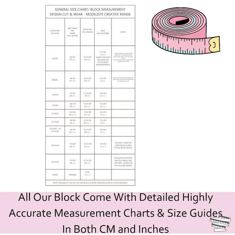 Peut inclure: Une image d'un ruban &agrave; mesurer rose et blanc &agrave; c&ocirc;t&eacute; d'un tableau des tailles avec des mesures en centim&egrave;tres et en pouces. Le tableau est pour la coupe et la confection, avec le texte "All Our Block Come With Detailed Highly Accurate Measurement Charts & Size Guides In Both CM and Inches."