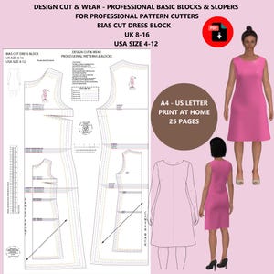 Peut inclure: Un patron de couture de robe rose avec un diagramme et une femme portant une robe similaire. Le texte indique "DESIGN CUT & WEAR - PROFESSIONAL BASIC BLOCKS & SLOPERS" et "BIAS CUT DRESS BLOCK - UK 8-16 USA SIZE 4-12".