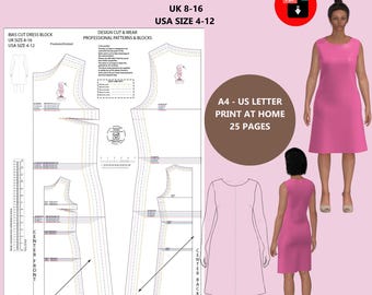 Bias Cut Dress Block - Sloper - A4 US Letter Version - Print at Home 25 pages - Use as a base to create your own pattern range from scratch!