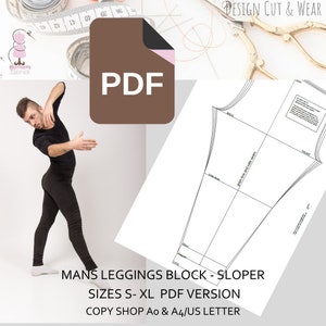 May include: A printable PDF pattern for leggings, labeled "Mans Leggings Block - Sloper, Sizes S-XL PDF Version, Copy Shop Ao & A4/US Letter". The pattern includes a front and back piece with instructions for sewing.
