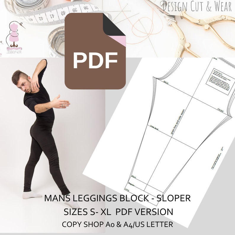 Mens Leggings Block "Meggings" Tight Stretch Mans Trouser Block- No Side Seam- Ideal For dance Wear- Sizes S-XL- Print at Home Today PDF image 1
