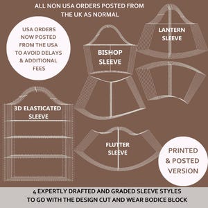 Può includere: Grafica marrone con quattro stili di maniche: Bishop, Lantern, Flutter e 3D Elasticated. Il testo include "Versione stampata e spedita" e "4 stili di maniche progettati e classificati da esperti".