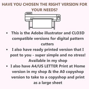Peut inclure: Image avec texte : "AVEZ-VOUS CHOISI LA BONNE VERSION POUR VOS BESOINS ?" et un sch&eacute;ma d'imprimante. Le texte d&eacute;crit les versions compatibles Adobe Illustrator et CLO3D, les versions pr&eacute;-imprim&eacute;es et les options d'impression A4/US LETTER et A0.