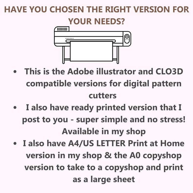 Peut inclure: Image avec texte : "AVEZ-VOUS CHOISI LA BONNE VERSION POUR VOS BESOINS ?" et un sch&eacute;ma d'imprimante. Le texte d&eacute;crit les versions compatibles Adobe Illustrator et CLO3D, les versions pr&eacute;-imprim&eacute;es et les options d'impression A4/US LETTER et A0.