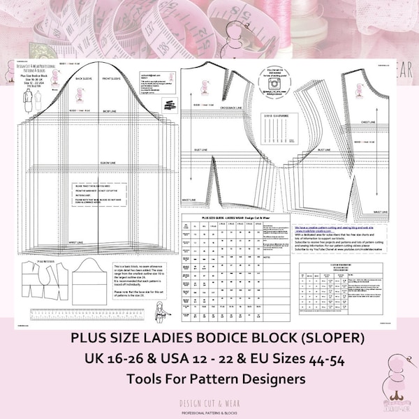 Plus Size Ladies Bodice Block & Sleeve -UK16 - 26 - US 12 - 22 - European Size 44'' to 54'' -Professional Sloper- Design your own Patterns !