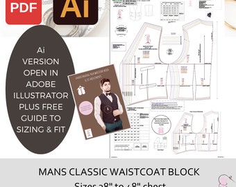 MANS FITTED WAISTCOAT - Basic Block or Sloper - Chest Size 38" - 48" Adobe Illustrator Version - Digital Pattern Cutting