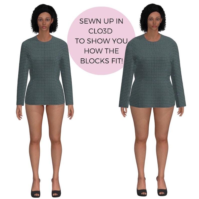 Peut inclure: Deux images c&ocirc;te &agrave; c&ocirc;te d'une personne portant un haut &agrave; manches longues, de couleur sarcelle, avec un petit motif &agrave; carreaux. Le texte dans un cercle rose indique "SEWN UP IN CLO3D TO SHOW YOU HOW THE BLOCKS FIT!"