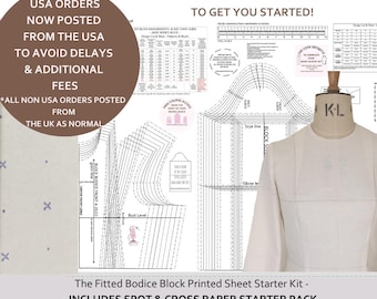 Basic Fitted Bodice Block -Sloper UK sizes 8-22 - USA (2-18) and European size conversions! Starter Kit- *With Added Spot & Cross Paper Pack