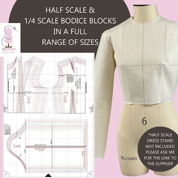 Quarter and Half Scale Basic Fitted Bodice Practice Blocks UK size 4-22*/USA (0-18*) Layered PDF-Free 1/4 & 1/2 Scales Ruler Printouts too!