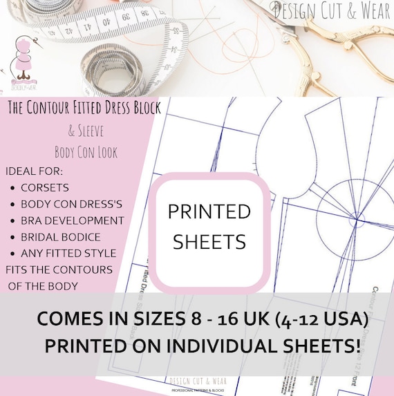The Contour Fitted Dress Block & Sleeve- Sizes 8 to 18 (UK) 4 to 14 US - 36-46 EU - Ready Printed on Individual Sheets - All Sizes Supplied