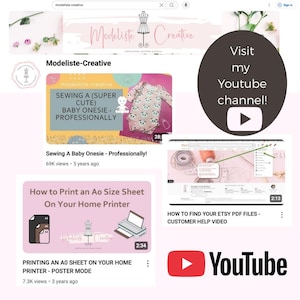 Peut inclure: Page web de Modeliste-Creative pr&eacute;sentant des tutoriels de couture. La page comprend une vid&eacute;o intitul&eacute;e "Sewing A Baby Onesie - Professionally !" et une autre sur l'impression de feuilles A0. Un logo YouTube et un appel &agrave; visiter la cha&icirc;ne YouTube sont &eacute;galement pr&eacute;sents.