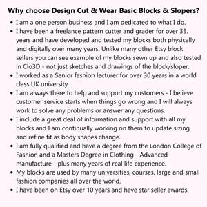 Peut inclure: Texte sur fond blanc pr&eacute;sentant les avantages de Design Cut & Wear Basic Blocks & Slopers. Il d&eacute;taille l'exp&eacute;rience du vendeur en tant que coupeur de patrons, conf&eacute;rencier de mode et son engagement envers le service client.
