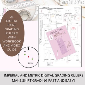 May include: A digital skirt grading rulers set with workbook and video guide. The image includes a diagram, a pink sheet with "Grading Rulers" text, and a measuring tape. The text reads "Imperial and Metric Digital Grading Rulers Make Skirt Grading Fast and Easy!"