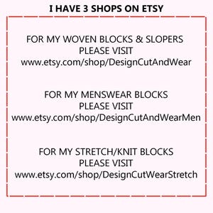 Peut inclure: Texte sur fond blanc avec bordure rouge. Le texte indique "I HAVE 3 SHOPS ON ETSY" suivi de trois noms de boutiques et adresses URL Etsy: DesignCutAndWear, DesignCutAndWearMen et DesignCutWearStretch.