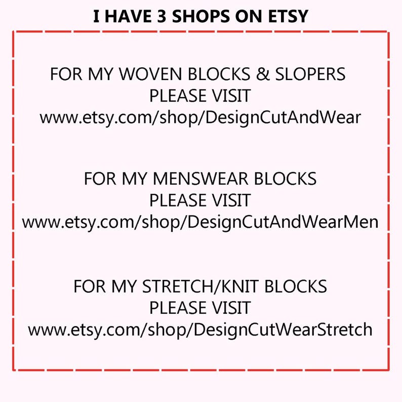 Peut inclure: Texte sur fond blanc avec bordure rouge. Le texte indique "I HAVE 3 SHOPS ON ETSY" suivi de trois noms de boutiques et adresses URL Etsy: DesignCutAndWear, DesignCutAndWearMen et DesignCutWearStretch.
