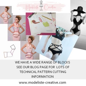 May include: A collage of images showcasing fashion design and pattern cutting. The images include a model wearing a pink dress, a model wearing a black lingerie set, a model wearing a black swimsuit, and a close-up of a pattern cutting diagram. The text "Modeliste Creative" is displayed at the top of the image. The text "WE HAVE A WIDE RANGE OF BLOCKS SEE OUR BLOG PAGE FOR LOTS OF TECHNICAL PATTERN CUTTING INFORMATION www.modeliste-creative.com" is displayed at the bottom of the image.