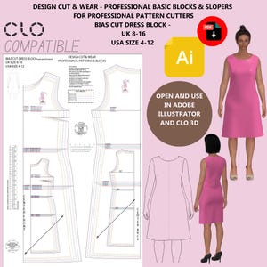 May include: A pink dress and pattern block design. The image includes a dress form, pattern pieces, and text that reads "DESIGN CUT & WEAR" and "BIAS CUT DRESS BLOCK." The pattern is compatible with CLO and Adobe Illustrator.