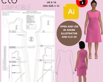 Bias Cut Dress Block - Sloper - Open as a PDF - Ai File - Clo3D Compatible - Use as a base to create your own pattern range from scratch!
