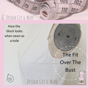 May include: A white fabric dress form with a measuring tape on top. The fabric is draped over the form and has a dashed line around the bust area. The text "The Fit Over The Bust" is written on the fabric.