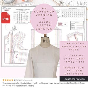 Basic Fitted Bodice Block / Sloper - A0 CopyShop & A4 / US Letter Version - Sizes 4-22* UK (USA 0-18*) (Eu 34-50) Layered pdf.