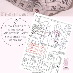 May include: A black and white sewing pattern for a fitted evening bodice. The pattern includes instructions and diagrams for cutting and sewing the bodice. The text on the pattern reads "Design Cut & Wear Pattern Draft - the contour fitted evening bodice".