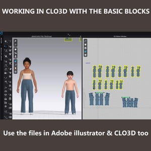 以下が含まれることがあります： CLO3Dソフトウェアで子供用ジーンズを作成するプロセスを示すデジタルイラスト。画像には、ジーンズを履いた2人の子供モデルと2Dパターンウィンドウが表示されています。画像には「WORKING IN CLO3D WITH THE BASIC BLOCKS」と「Use the files in Adobe illustrator & CLO3D too.」と書かれています。