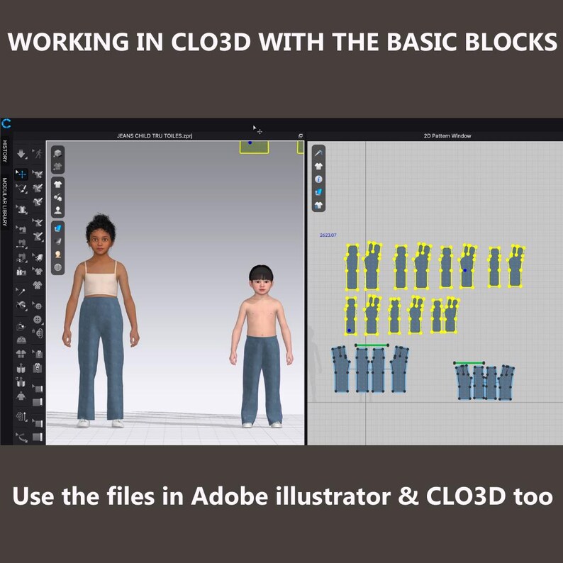 以下が含まれることがあります： CLO3Dソフトウェアで子供用ジーンズを作成するプロセスを示すデジタルイラスト。画像には、ジーンズを履いた2人の子供モデルと2Dパターンウィンドウが表示されています。画像には「WORKING IN CLO3D WITH THE BASIC BLOCKS」と「Use the files in Adobe illustrator & CLO3D too.」と書かれています。