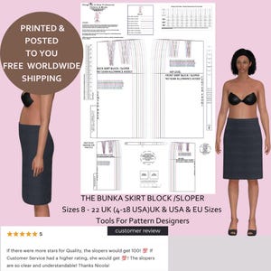 Pode incluir: Ilustração digital de uma saia jeans escura em um manequim, juntamente com uma folha de padrões com desenhos técnicos. O texto na imagem diz "THE BUNKA SKIRT BLOCK /SLOPER" e "Sizes 8 - 22 UK (4-18 USA)UK & USA & EU Sizes". Um círculo diz "PRINTED & POSTED TO YOU FREE WORLDWIDE SHIPPING".