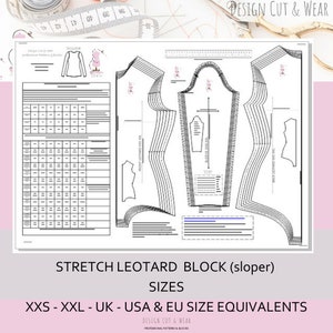 Peut inclure: Un patron de couture noir et blanc pour un justaucorps extensible. Le patron comprend plusieurs tailles du XXS au XXL. Le patron est intitulé "Stretch Leotard Block (sloper) Sizes" et comprend les équivalences de tailles UK, USA et EU.