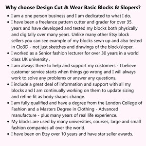 以下が含まれることがあります： 白い背景に「Design Cut & Wear Basic Blocks & Slopersを選ぶ理由」というテキストと、パターンカッター、ファッション講師としての経験、顧客サービスへの取り組みなど、販売者の経験を詳述する箇条書きが表示されています。