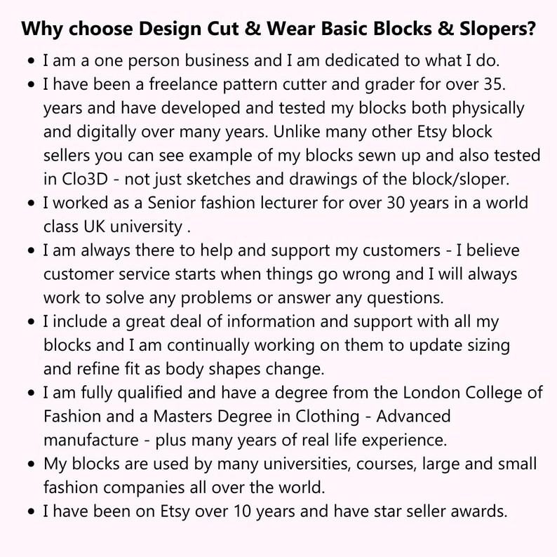 以下が含まれることがあります： 白い背景に「Design Cut & Wear Basic Blocks & Slopersを選ぶ理由」というテキストと、パターンカッター、ファッション講師としての経験、顧客サービスへの取り組みなど、販売者の経験を詳述する箇条書きが表示されています。