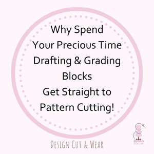 Op de afbeelding: Een roze cirkel met witte stippen en de tekst "Why Spend Your Precious Time Drafting & Grading Blocks Get Straight to Pattern Cutting!" De tekst is zwart en de cirkel heeft een witte omtrek. De tekst "DESIGN CUT & WEAR" staat onder de cirkel in zwart. Een kleine roze illustratie van een naaimachine bevindt zich in de rechterbenedenhoek.