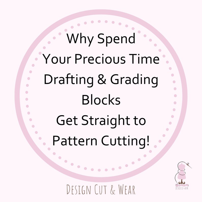 Op de afbeelding: Een roze cirkel met witte stippen en de tekst "Why Spend Your Precious Time Drafting & Grading Blocks Get Straight to Pattern Cutting!" De tekst is zwart en de cirkel heeft een witte omtrek. De tekst "DESIGN CUT & WEAR" staat onder de cirkel in zwart. Een kleine roze illustratie van een naaimachine bevindt zich in de rechterbenedenhoek.