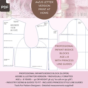 Bloque de corpiño para BEBÉS - EDAD 2- 8 - Altura 92 cm - 36 1/4” - 128 cm 50 3/8” - Tablas de tallas detalladas profesionales incluidas - PDF A4 - Versión carta de EE. UU.