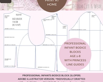 INFANTS Bodice Block -AGE 2- 8 -Height-92cm-36 1/4” -128cm 50 3/8"- Professional Detailed Size Charts Supplied - PDF A4 - Us Letter Version