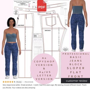 Peut inclure: Un patron de couture numérique pour jeans, avec une conception à devant plat. L'image comprend une icône PDF, des pièces de patron et un modèle portant le jean. Le texte sur l'image indique "Professional Basic Jeans Block Sloper Flat Front."